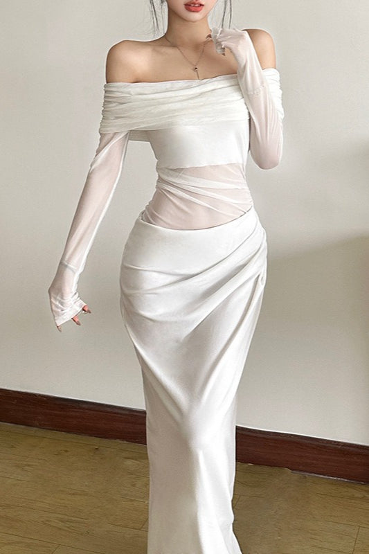 Off Shoulder Long Sleeve Sheer Mesh Ruched Bodycon Maxi Dress