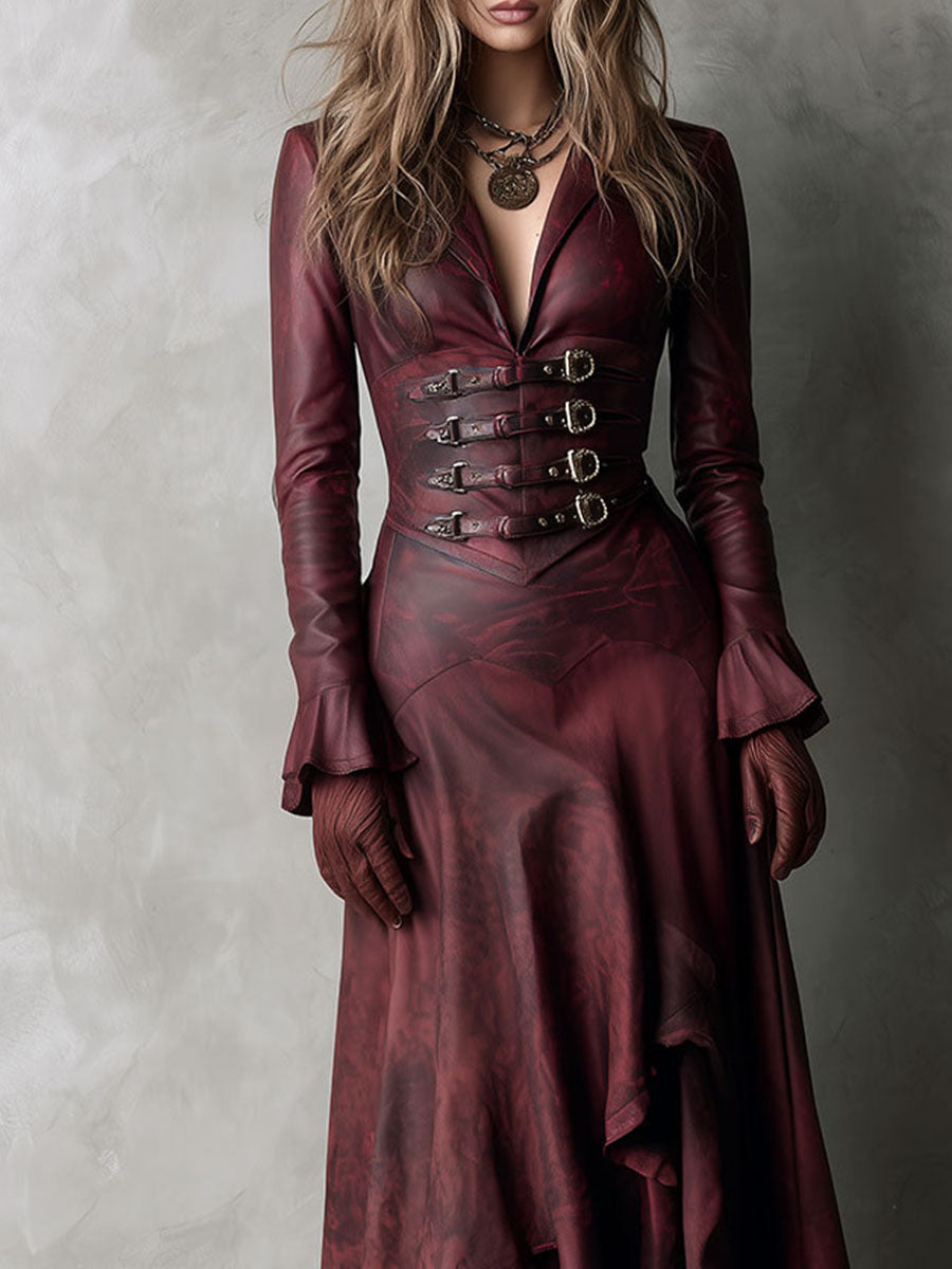 High-Low Burgundy Eco Leather Long Coat Dress With Buckle Corset Waist