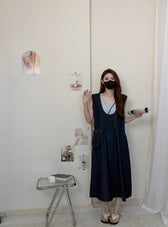 Faux Two Piece Denim Sleeveless Ruffle Trim A-Line Midi Dress 24