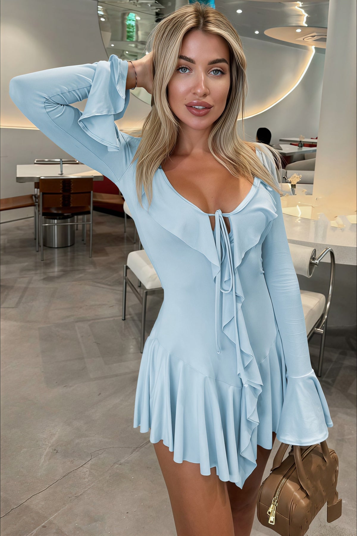 Ruffle Trim Tie Front Bell Sleeve Drop Waist Mini Dress