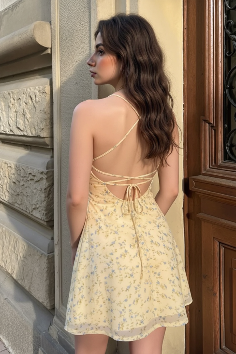 Floral Cross Tie Back Open Mini Slip Dress