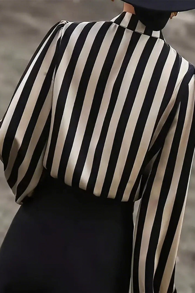 Striped Plus Size Satin Gold Button Elegant Workwear Blouse