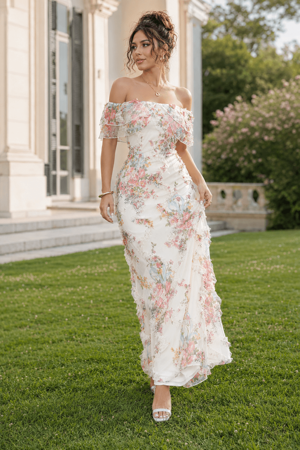 Off Shoulder Bodycon Long Print Floral Dress