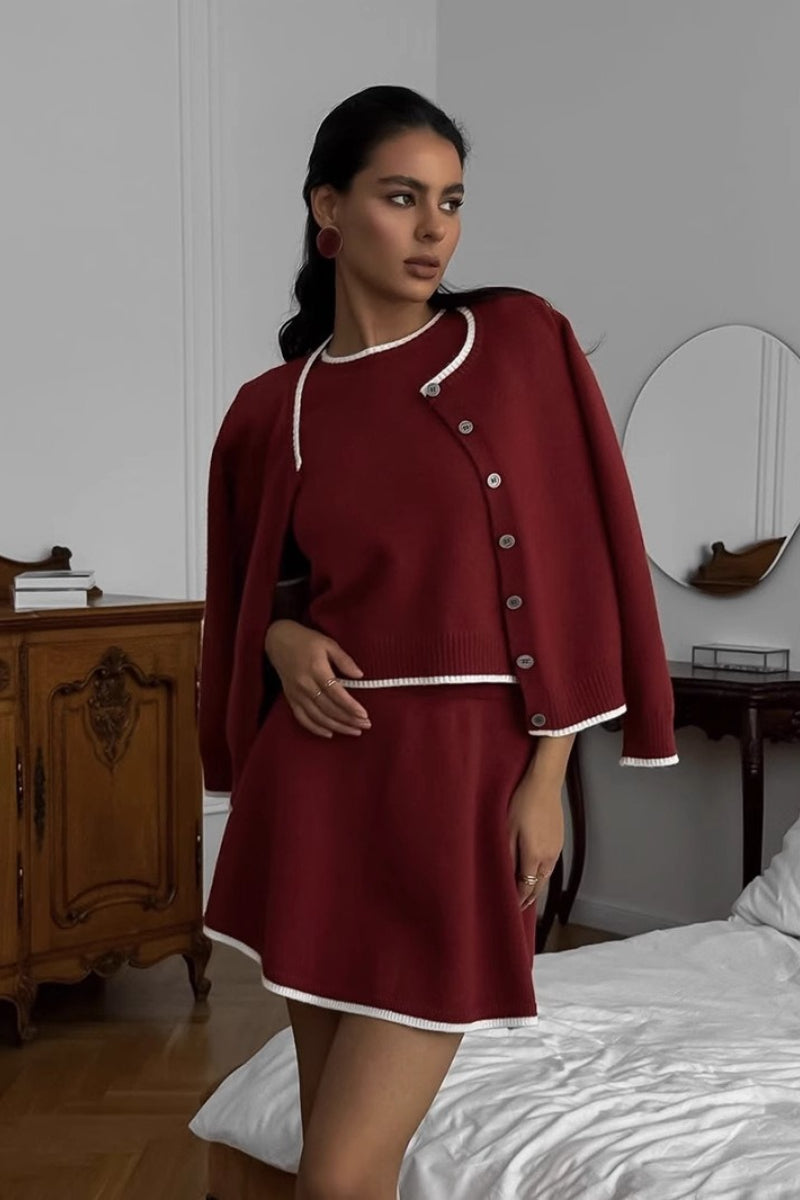 Contrast Trim Button Cardigan Top and Flared Mini Skirt Three Piece Knit Set