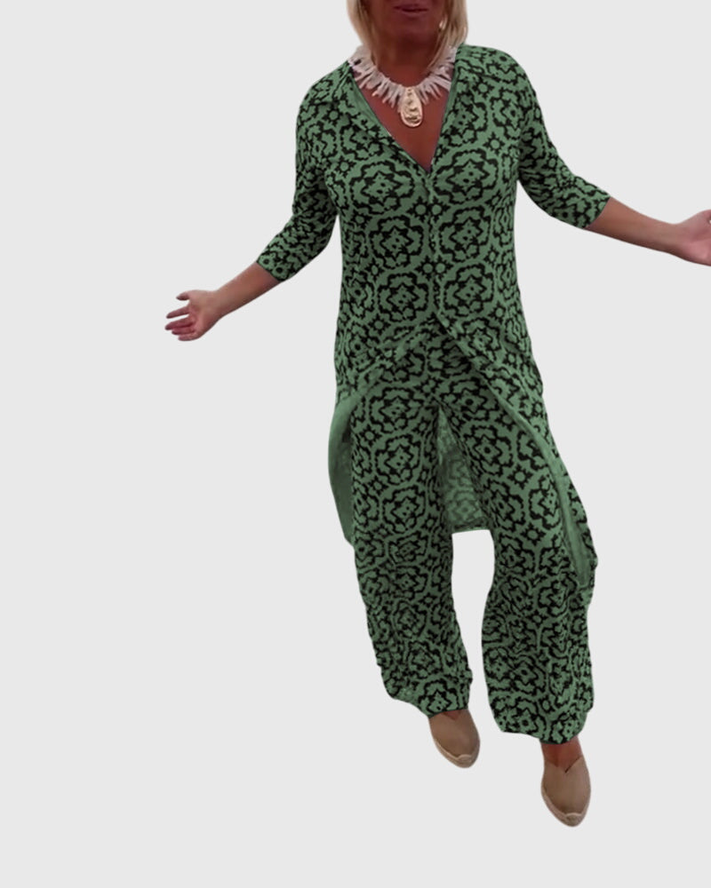 Medallion Print Collared Half Sleeve Tunic and Wide Leg Pants Two Piece Set