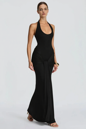 U Neck Halter Sash Panel Bodycon Party Dress