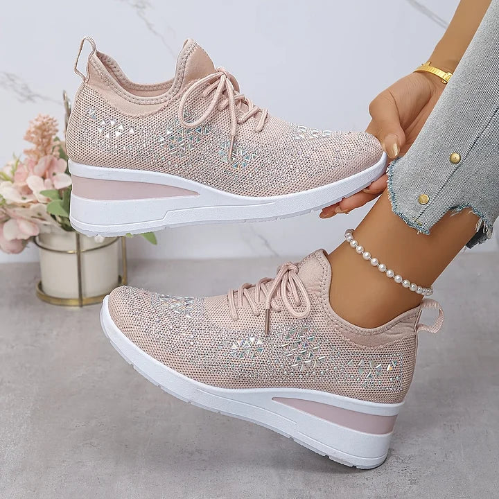 Rhinestone Mesh Lace Up Wedge Sneakers