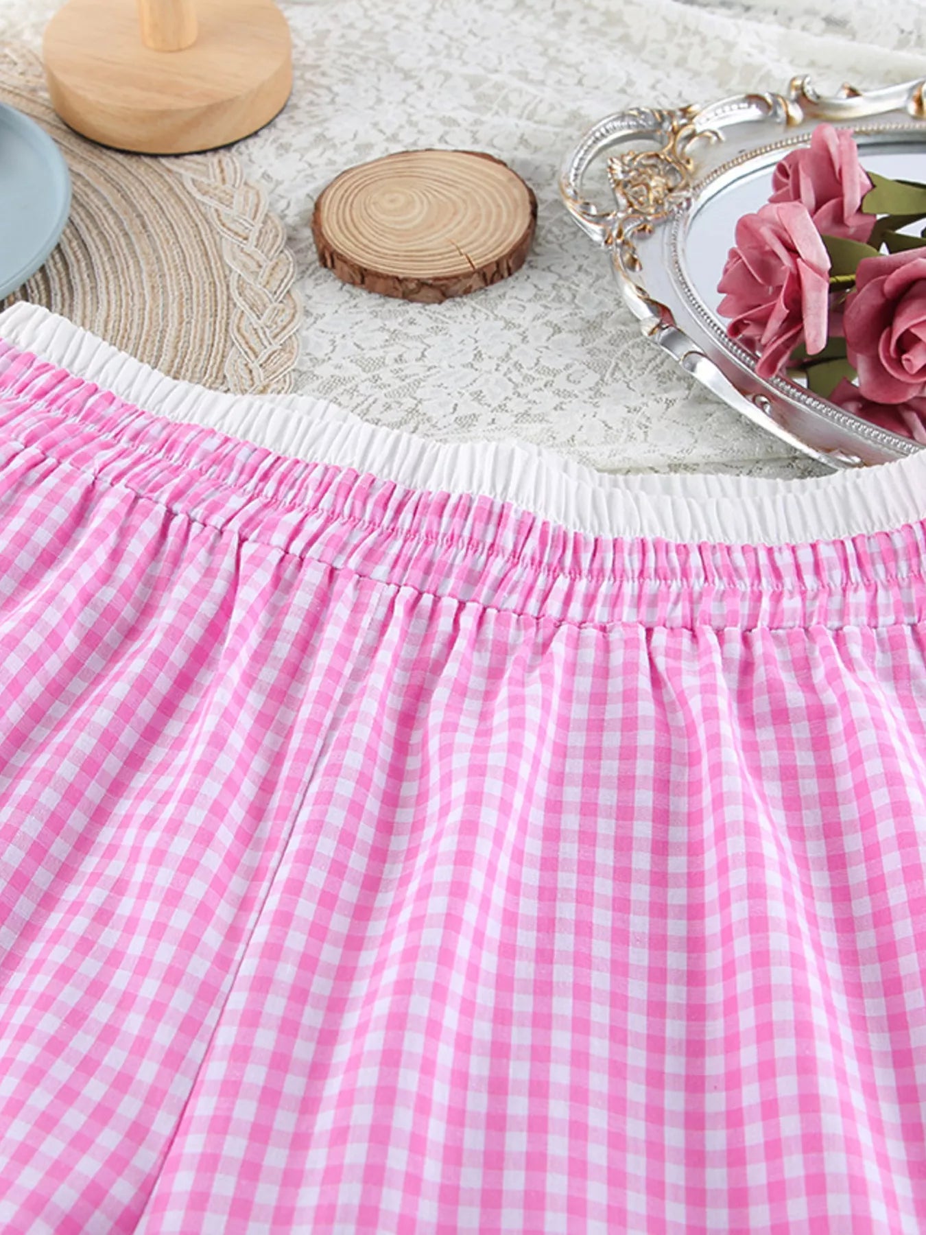 Gingham Button-Down Top and Pants Loungewear Set