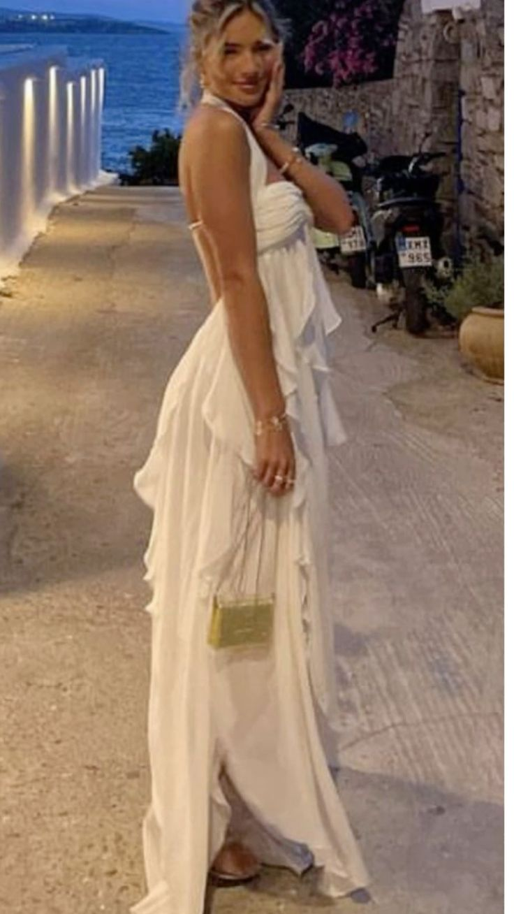 Sexy Halter Party Dress White Chiffon Slit Evening Gown Prom Dress cc1436