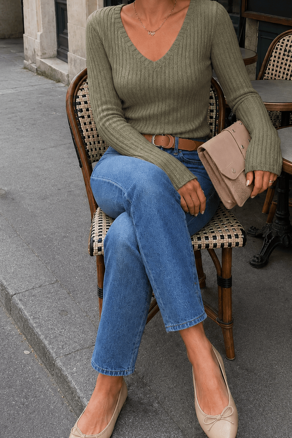 V-Neck Ribbed Skinny T-Shirt