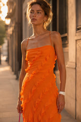 Off Shoulder Ruffle Split Hem Slip Dress