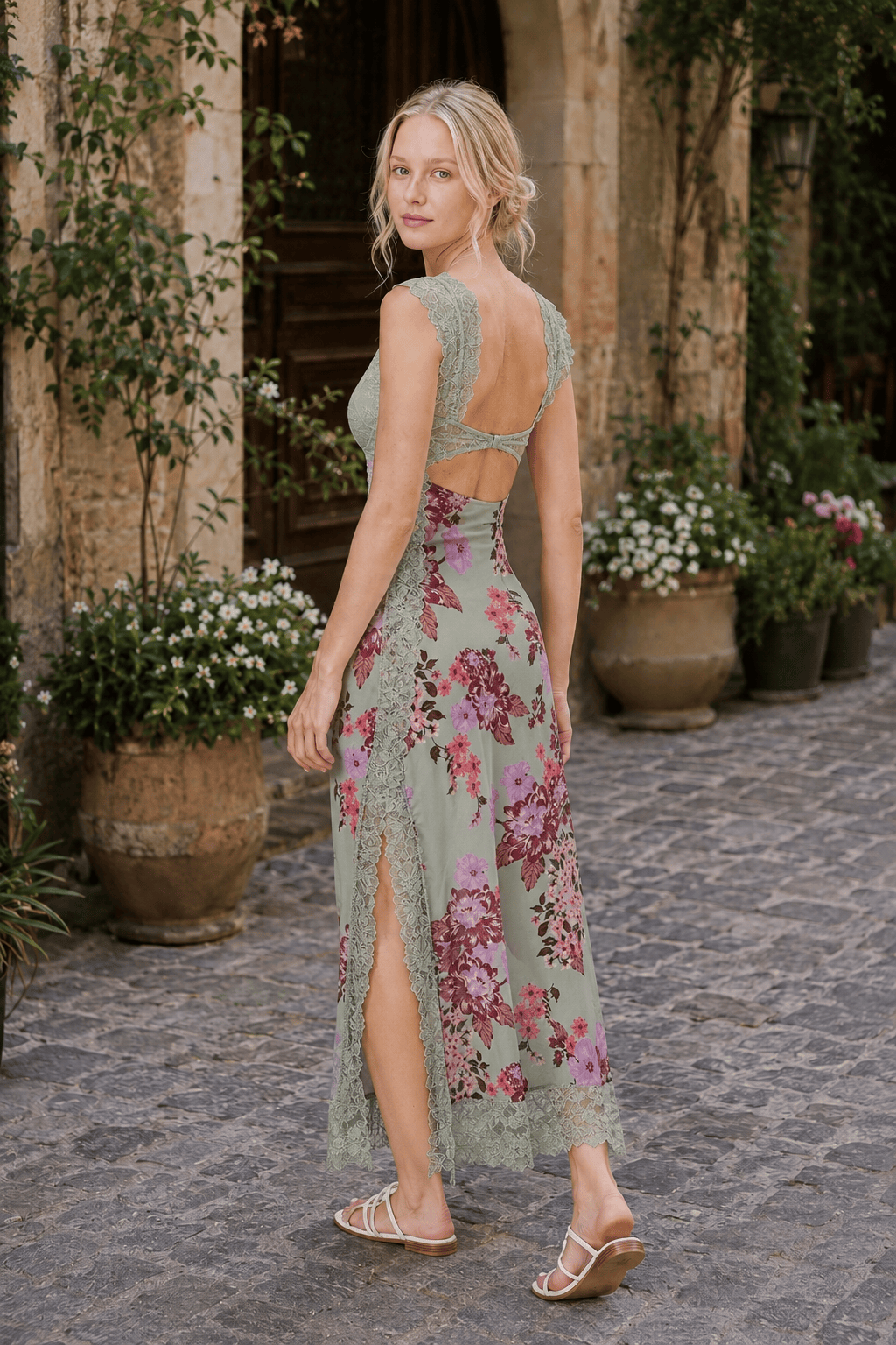 Patchwork Backless Lace Floral Maxi Dress