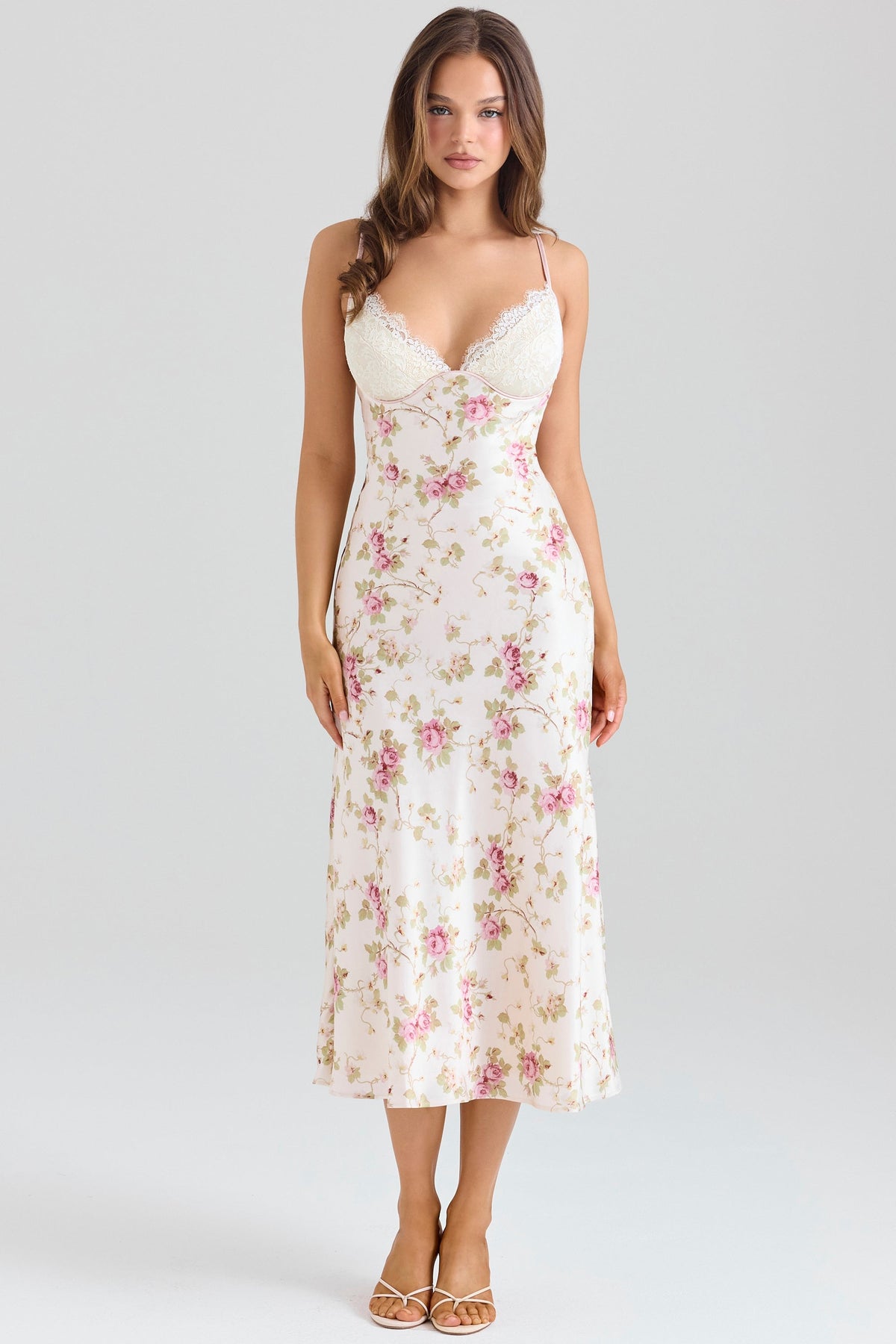 Floral Print Satin Lace Trim V-Neck Cami Bias Cut Midi Dress