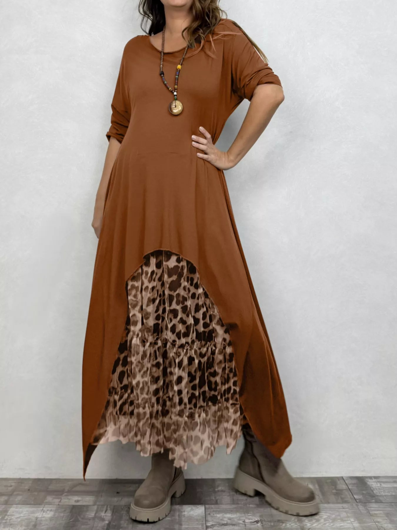 Plus Size Leopard Print Asymmetrical Hem Midi Dress Caramel