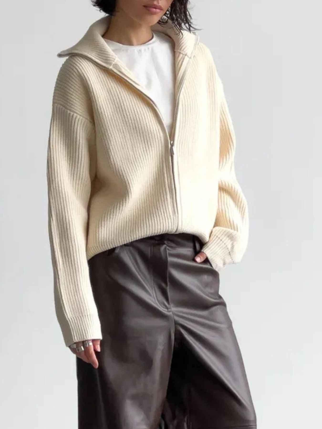 Zip-Up Ribbed Knit Cardigan