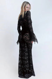 Sheer Lace Deep V-Neck Flared Sleeve Maxi Lace Dress