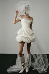 Tulle Off Shoulder Ruched Bubble Hem Mini Dress 2