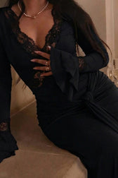 V-Neck Lace Trim Flounce Sleeve Tie Maxi Lace Dress