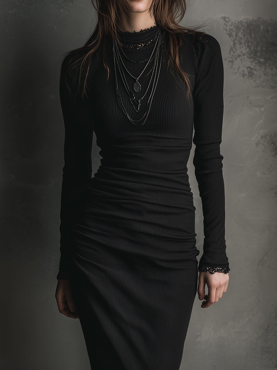 Basic Versatile Bottoming Lace Patchwork Stretch Knit Midi Dress - FashionAxe