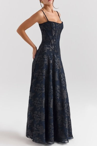 Floral Spaghetti Strap Corset A-Line Maxi Dress