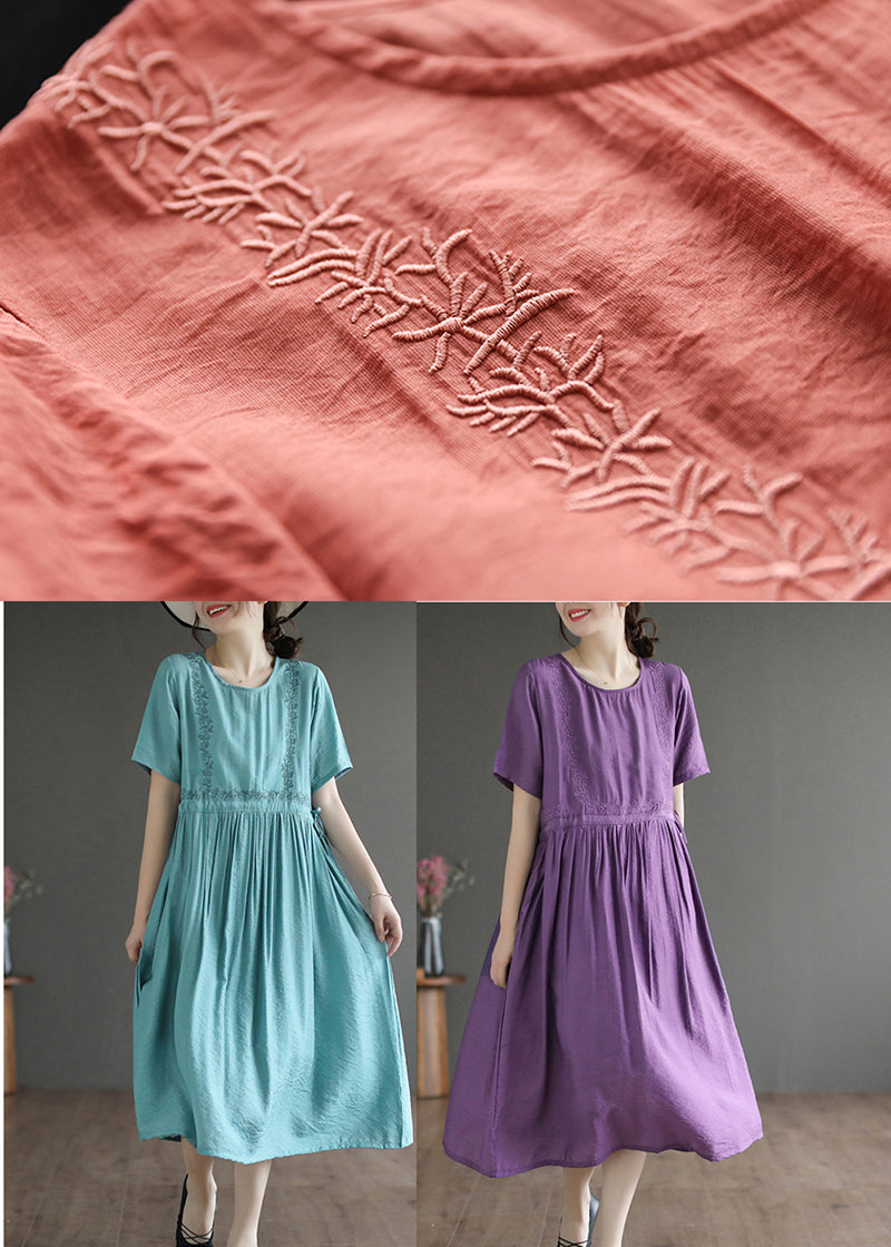 Embroidered Panel Round Neck Short Sleeve Gathered Waist Pleated Midi Dress