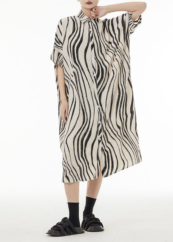 Oversized Button Front Short Sleeve Abstract Stripe Shirt Midi Dress