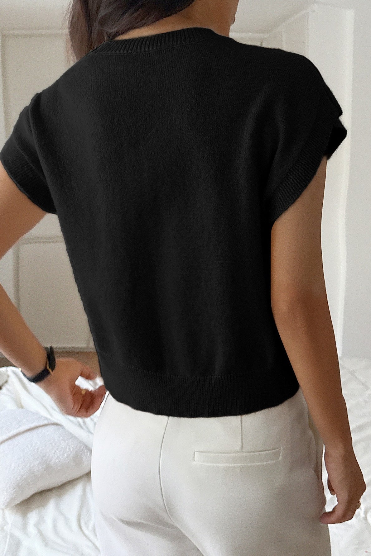 Deep V Solid Knit Short Sleeve Sweater