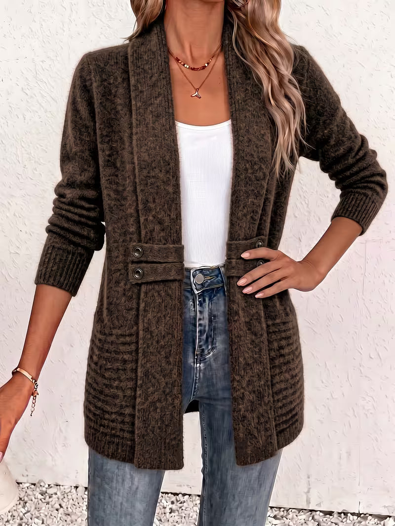 Shawl Collar Open Front Button Tab Ribbed Cardigan