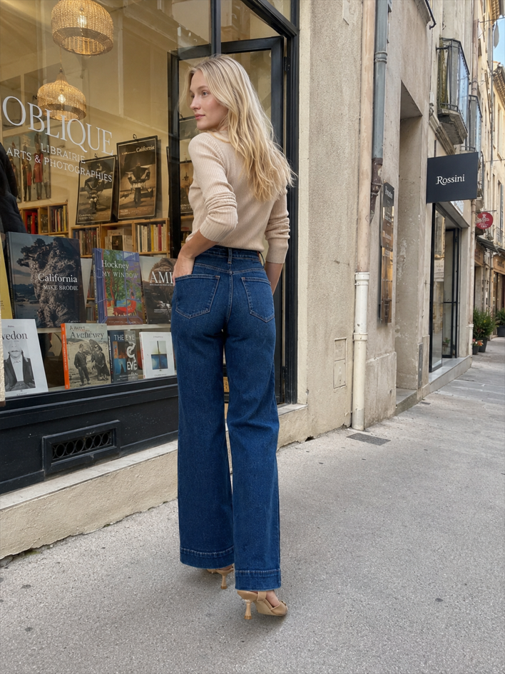 High-Waist Vintage Washed Wide-Leg Denim Jeans