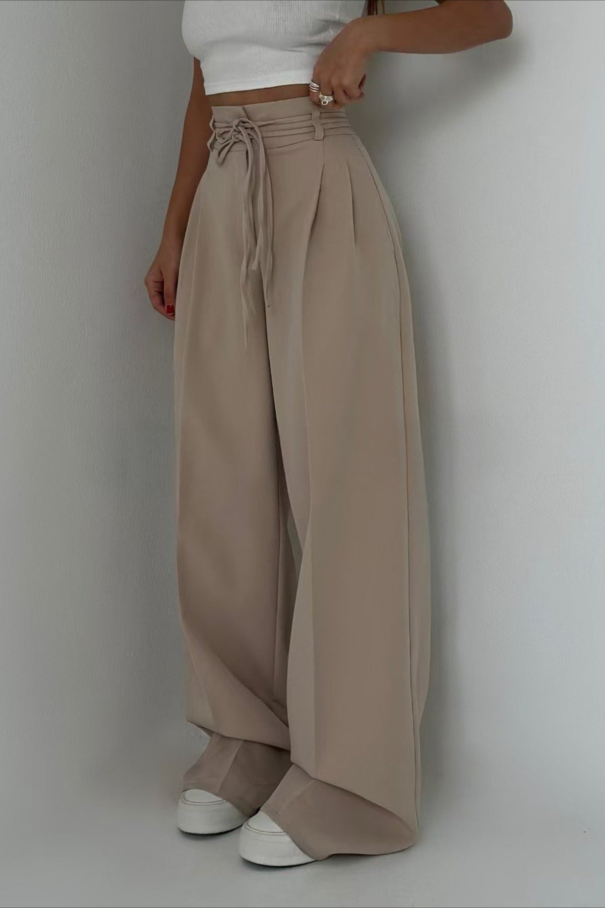 High Waist Wrap Tie Belt Pleated Wide Leg Trousers 4