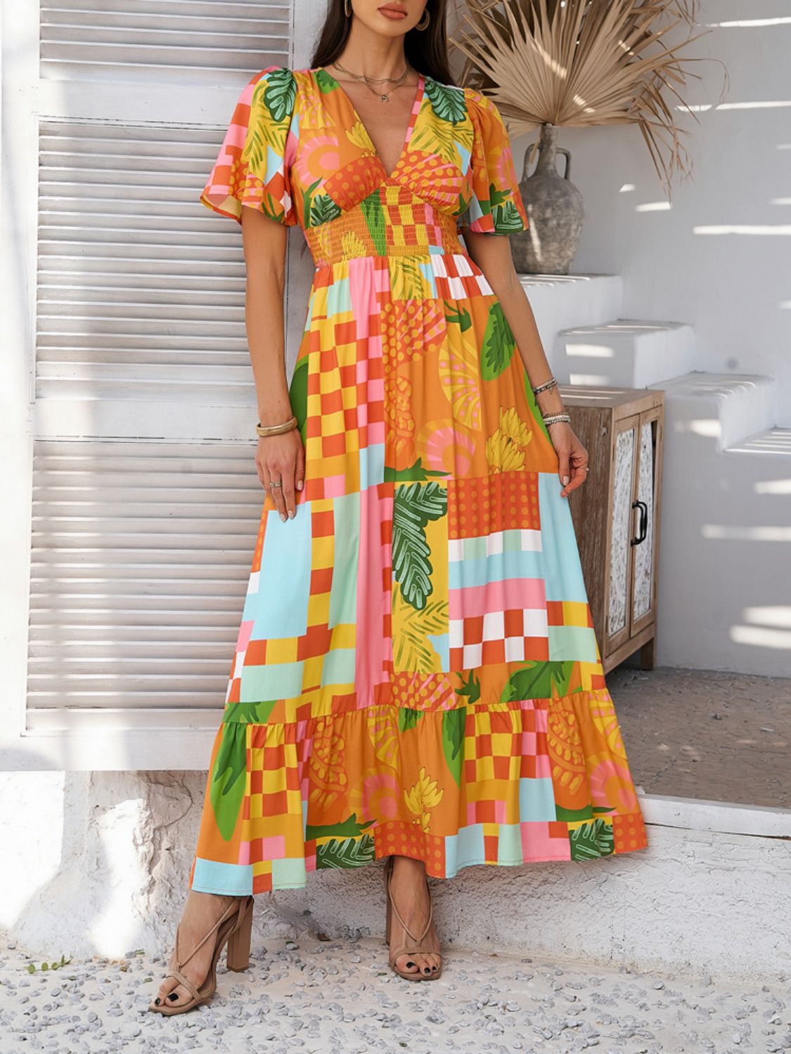 Geometric Tile Print V-Neck Short Sleeve Smocked Waist Ruffle Hem Maxi Dress 13
