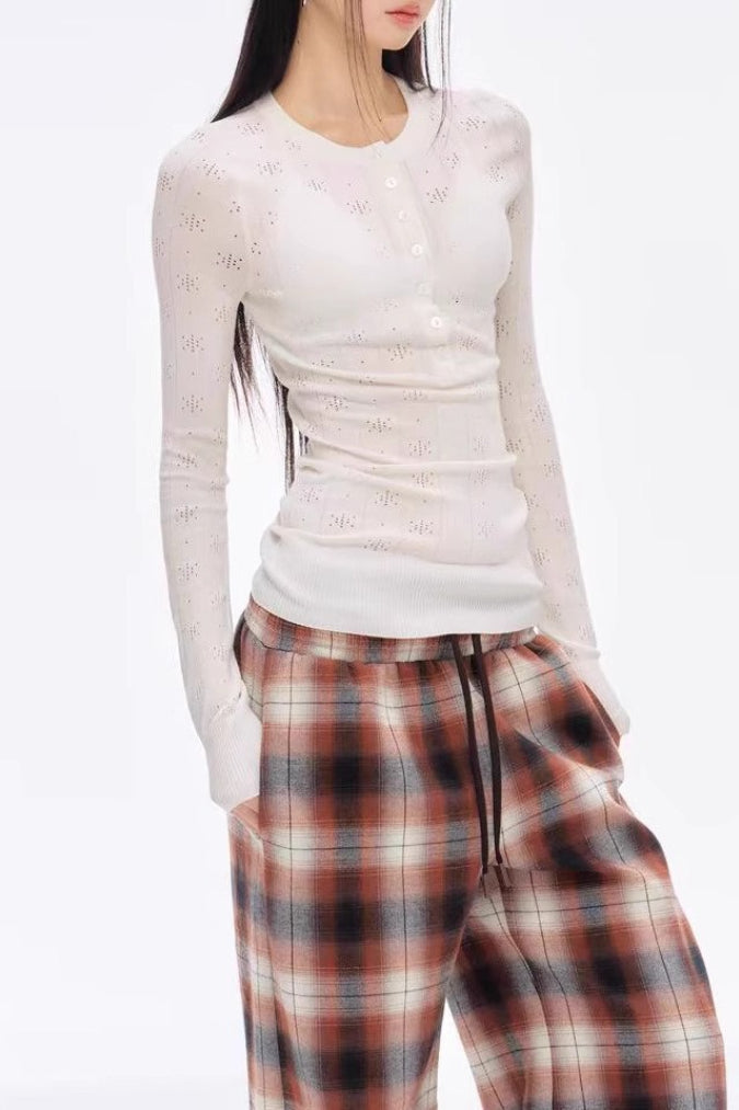 Retro Open Knit Henley Long Sleeve Top