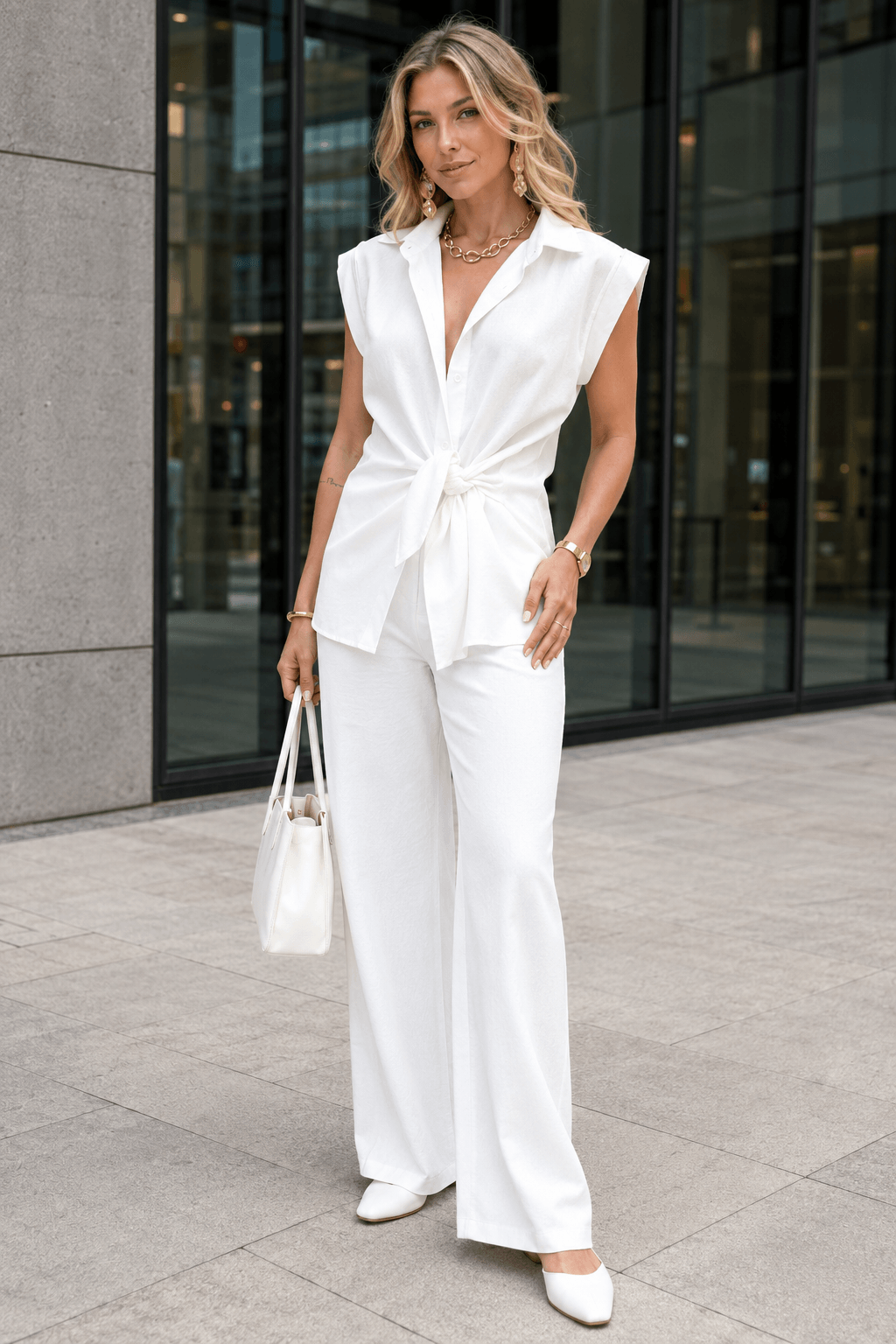 Tie Waist Short Sleeve High Waist Two Piece Work Set