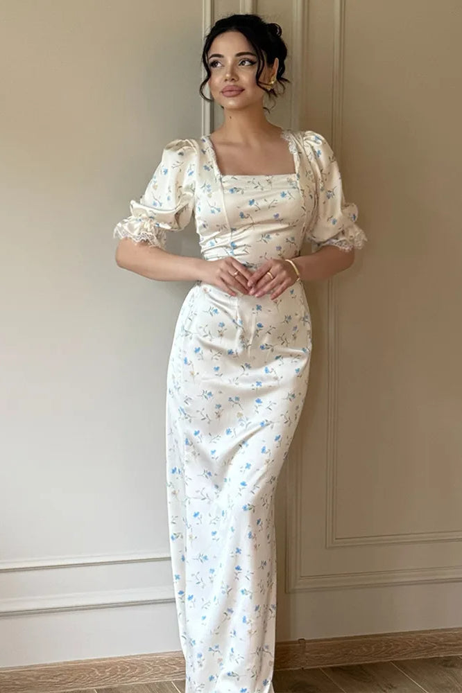 Satin Puff Sleeve Floral Dress in Blue - View 9