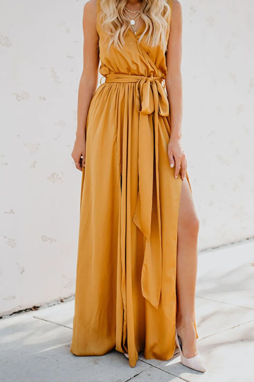 Satin Surplice V-Neck Sleeveless Tie Waist High Split Maxi Dress 6