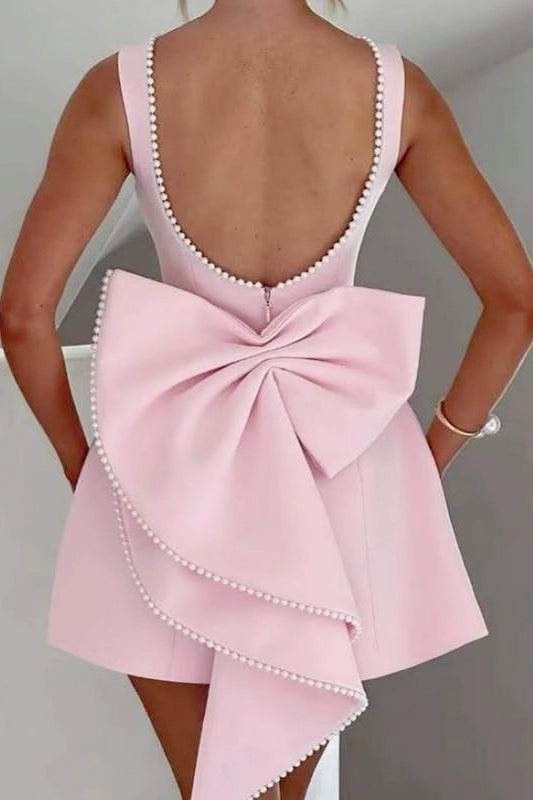 Pearl Trim Boat Neck Bow Back Fit and Flare Mini Dress