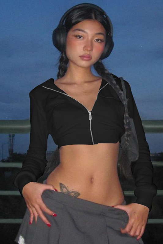Hooded Zip Slim Long Sleeve Cropped Crop Top