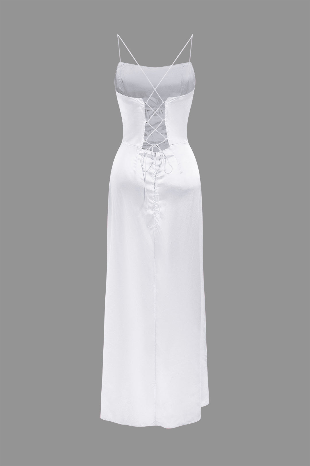 Satin Cowl Neck Corset Bodice Spaghetti Strap High Split Maxi Gown 13