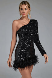 Sexy Asymmetrical One Shoulder Long Sleeve Backless Sequin Feather Party Dress