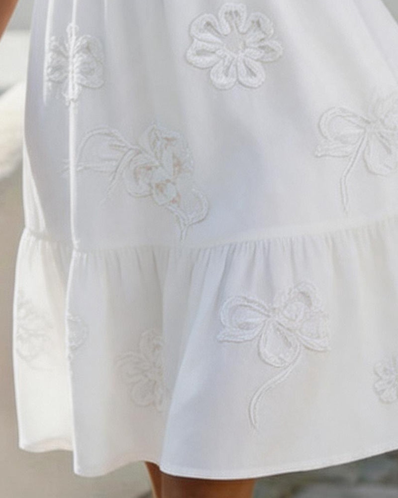 Floral Embroidered Ruffle Neck Puff Sleeve Tiered Midi Dress