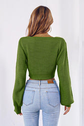 Long Cropped V-Neck Arm Sweater