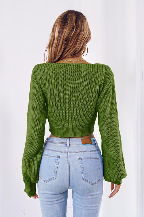 V-Neck Tie Front Lantern Sleeve Ribbed Knit Cropped Sweater 12