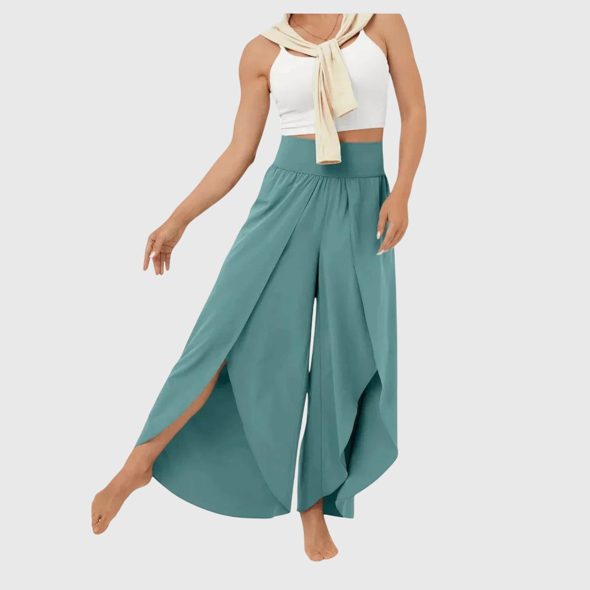 High Waist Split Front Layered Wide Leg Palazzo Pants