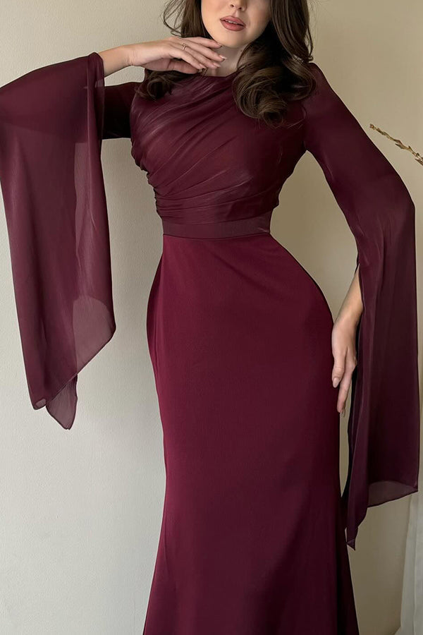 Liora Ruched Organza Satin Patchwork Long Bell Slit Maxi Dress - View 17