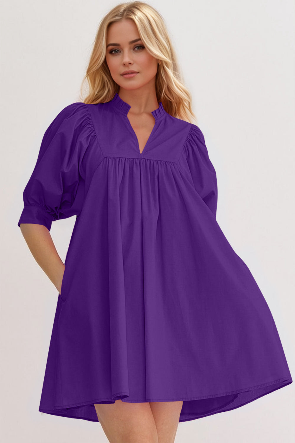 Puff Sleeve Notched Babydoll Mini Dress Purple