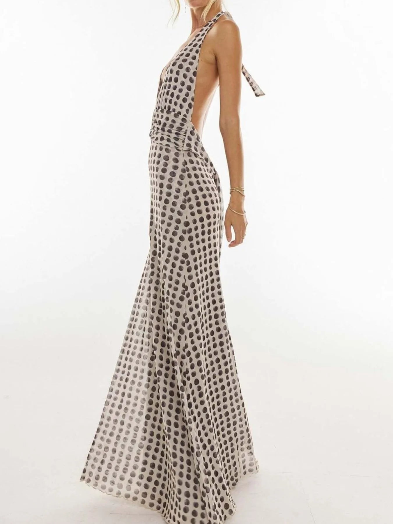 Floral Halter Neck Deep V-Neck Ruched Maxi Dress 10