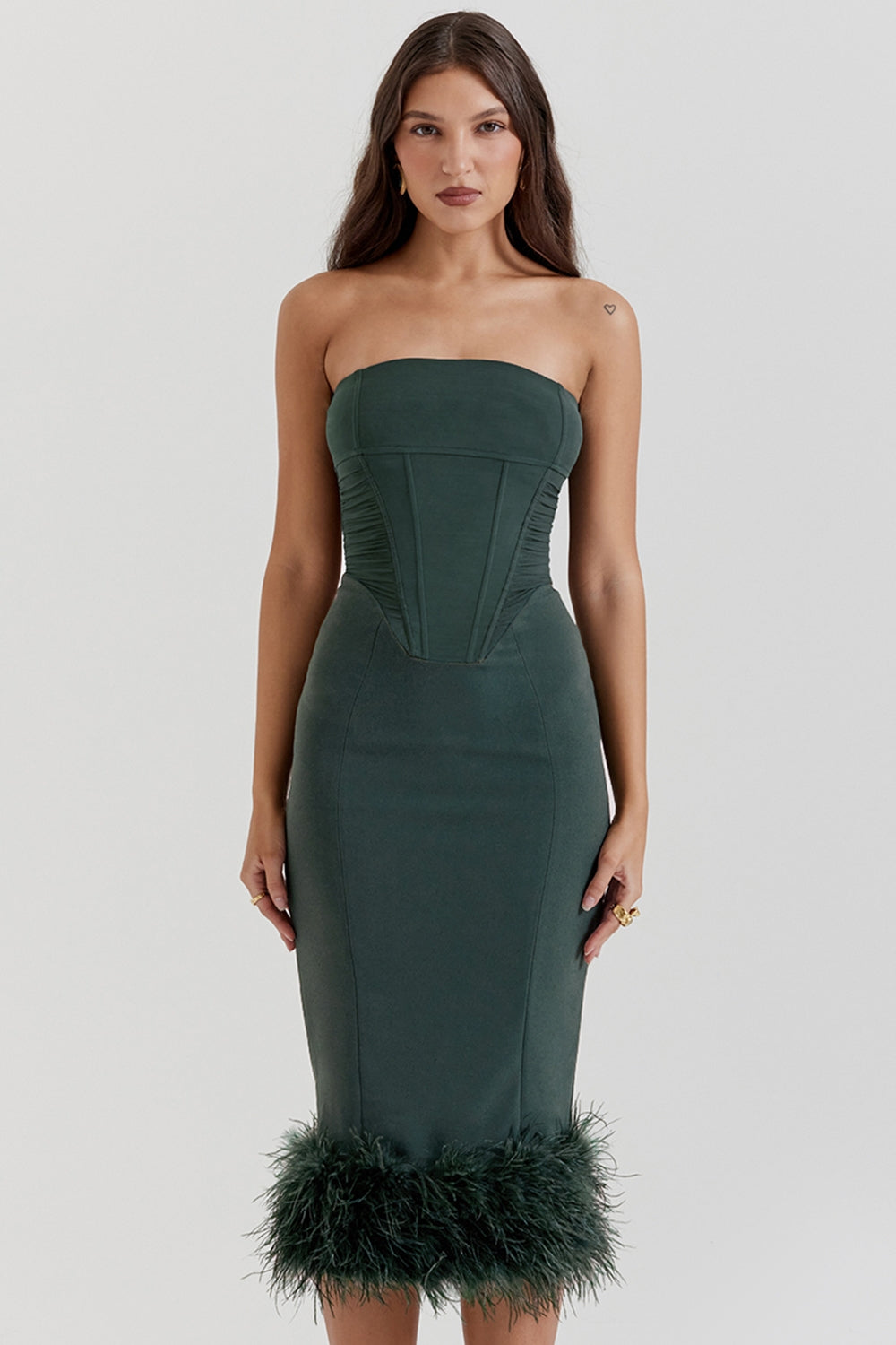 Strapless Corset Bodice Feather Trim Hem Bodycon Midi Dress