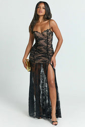 Sheer Ruched Split Cami Maxi Lace Dress 4