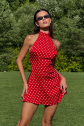 Polka Dot Halter Neck Backless Satin Mini Dress 2