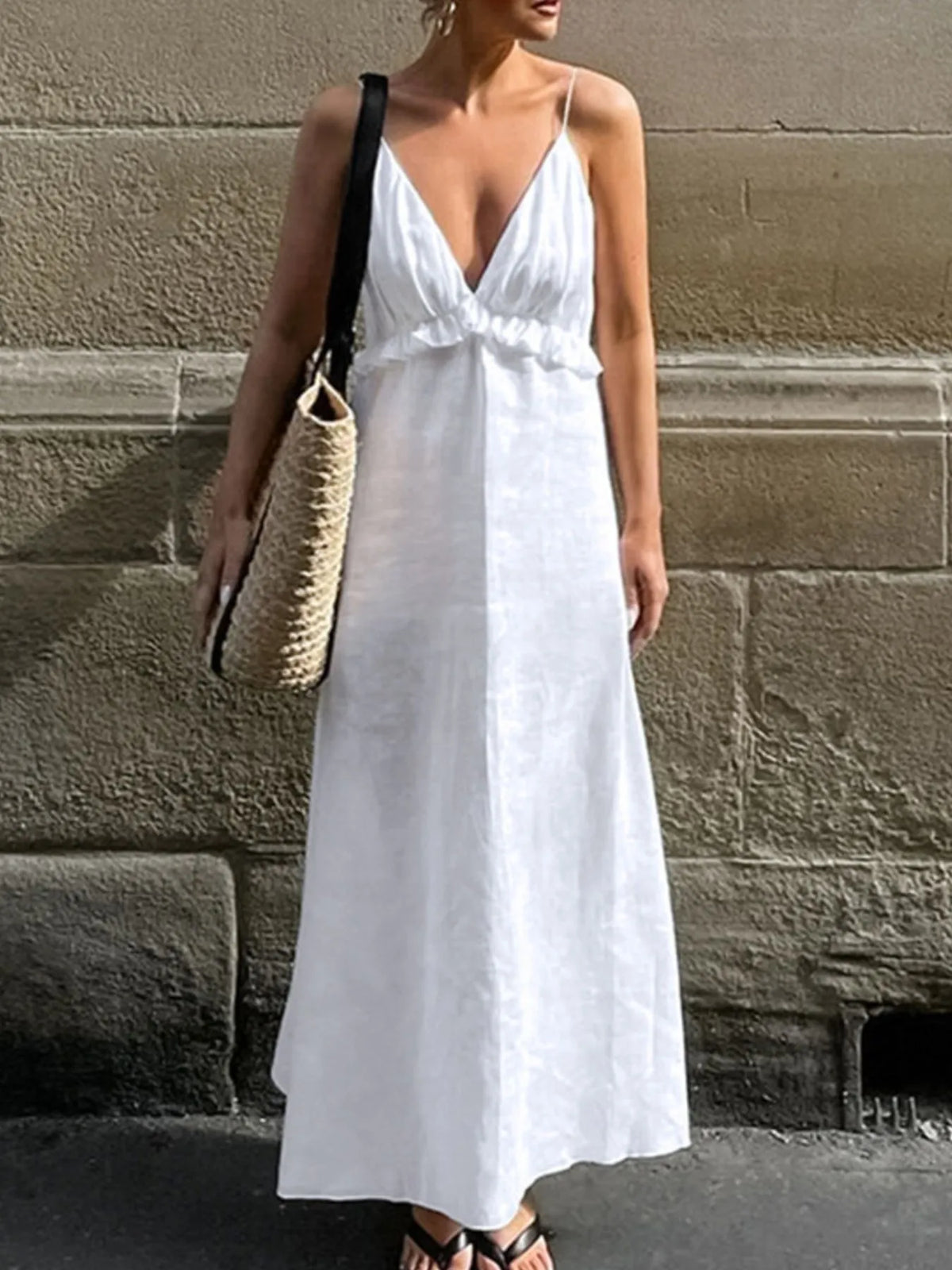 Deep V-Neck Spaghetti Strap Ruffle Trim A-Line Maxi Dress 2